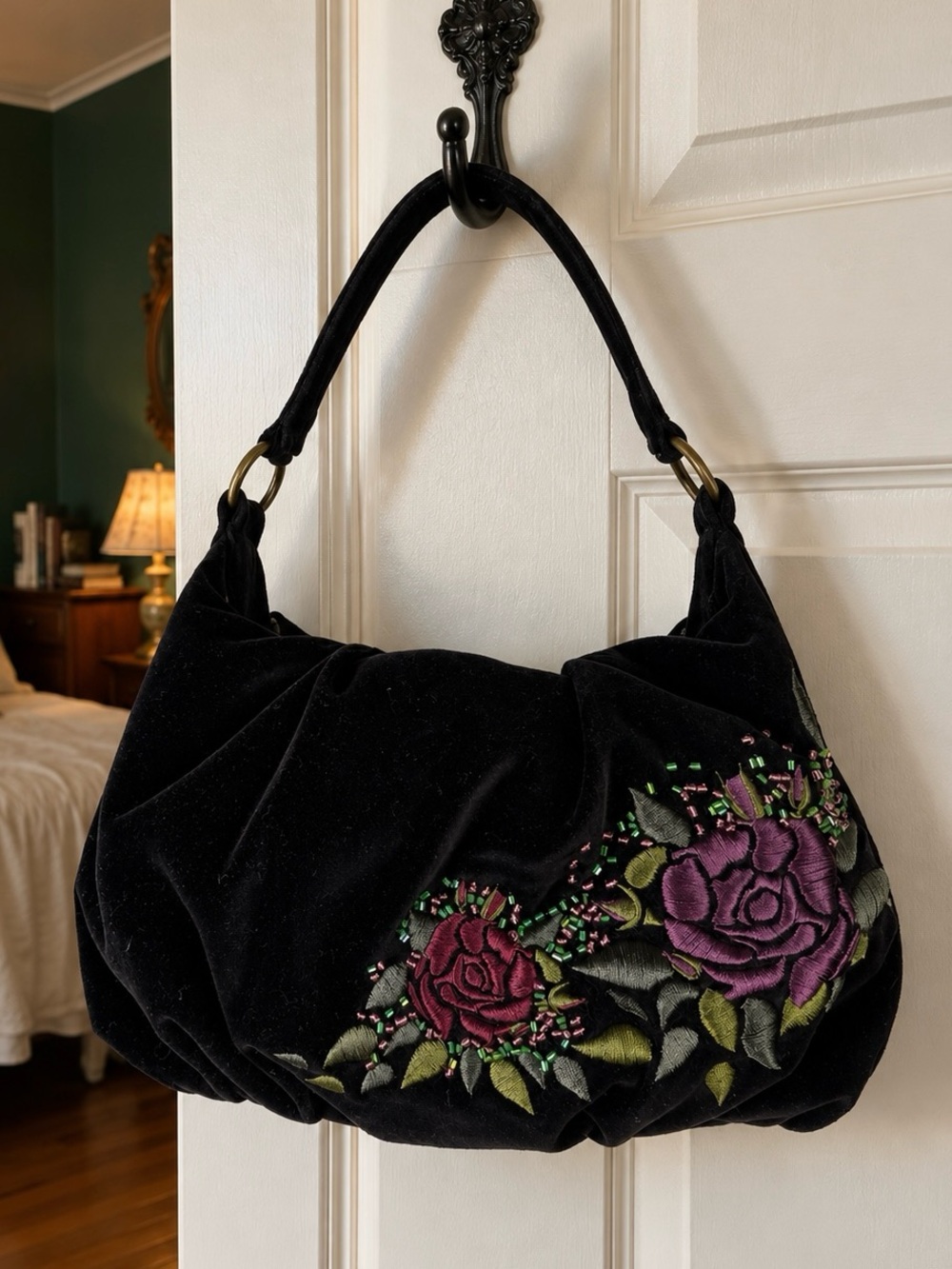 Y2K Black Velvet Embroidered Rose Beaded Hobo Shoulder Bag Apt 9